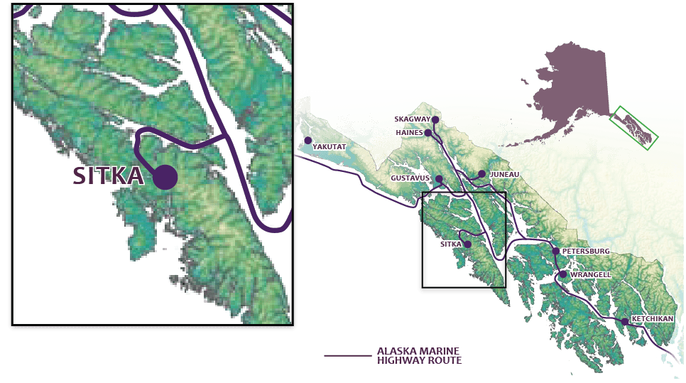 map of Inside Passage highlighting Sitka